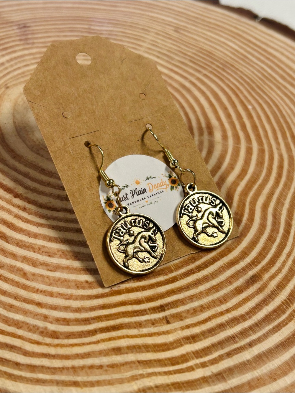 Taurus Zodiac Coin Charm Earrings Gold Tone Astrology Bull Dangle Earrings